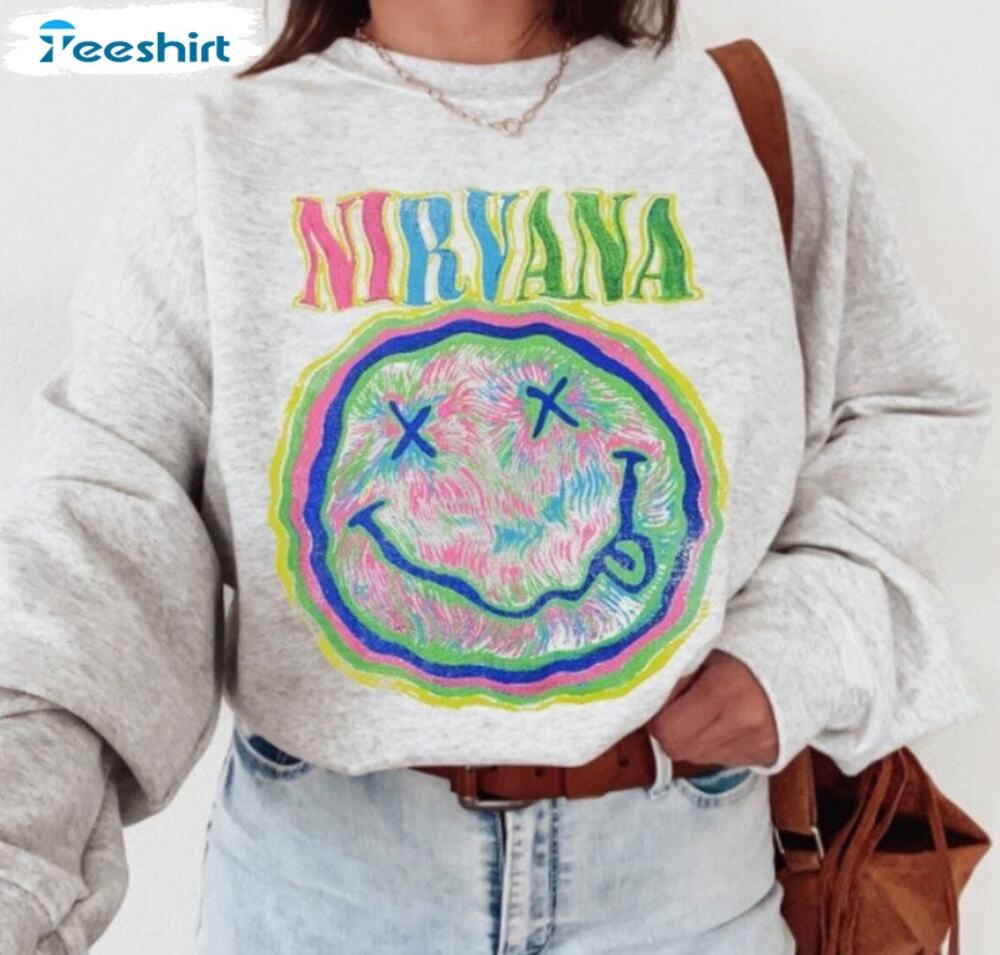 Nirvana White Smiley Face Graphic Crew Neck Sweatshirt Women's Size Medium